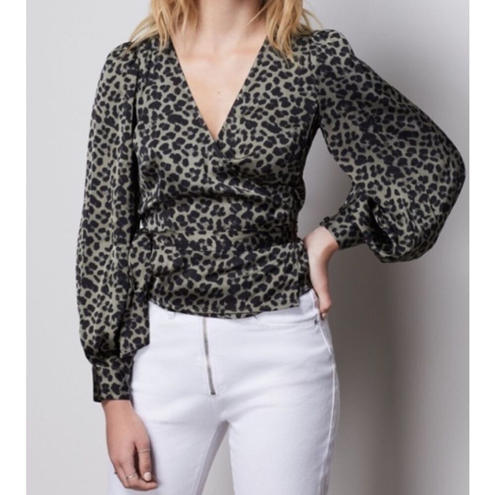 Good American Leopard Wrap Top Olive Green | Long Sleeve V-Neck Blouse | Size 4